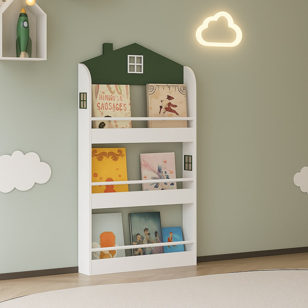 Детска Етажерка за Книги и Играчки GINGER HOME – Къщичка, 3 Рафта, Дърво, 60x12x106 см
