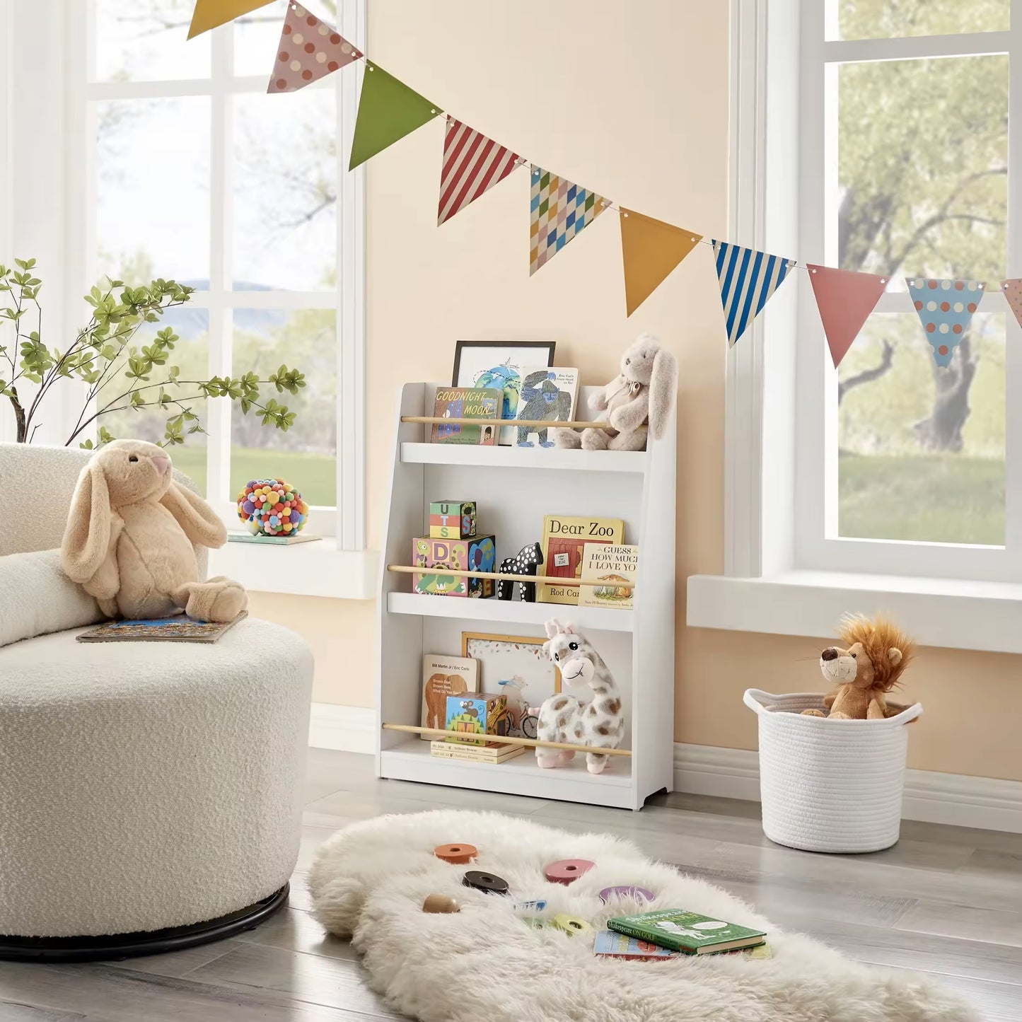 Детска Етажерка GINGER HOME, Дървен Органайзер за Книжки и Играчки, Бял Цвят, за Уютната Детска Стая