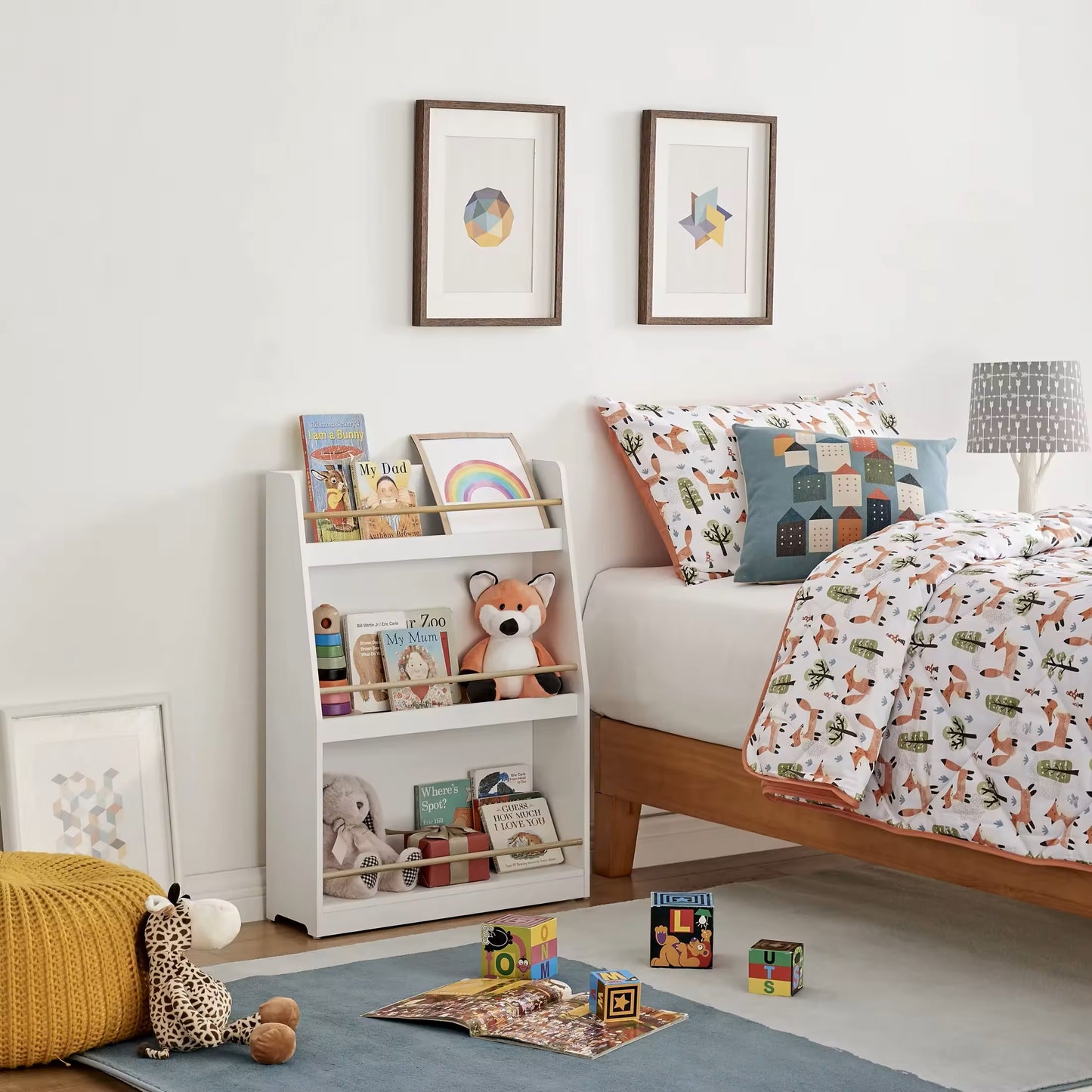 Детска Етажерка GINGER HOME, Дървен Органайзер за Книжки и Играчки, Бял Цвят, за Уютната Детска Стая