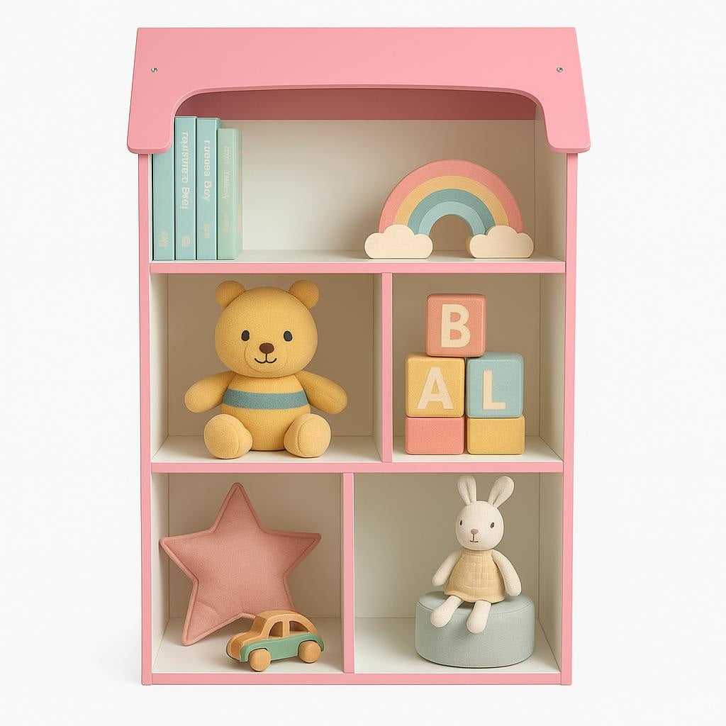 Детска етажерка GINGER HOME - Къщичка SUPER GIRL, Розова за съхранение на играчки и книжки