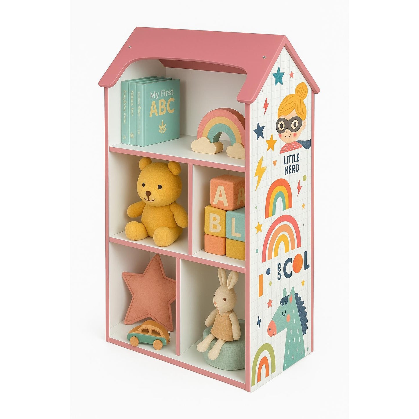 Детска етажерка GINGER HOME - Къщичка SUPER GIRL, Розова за съхранение на играчки и книжки