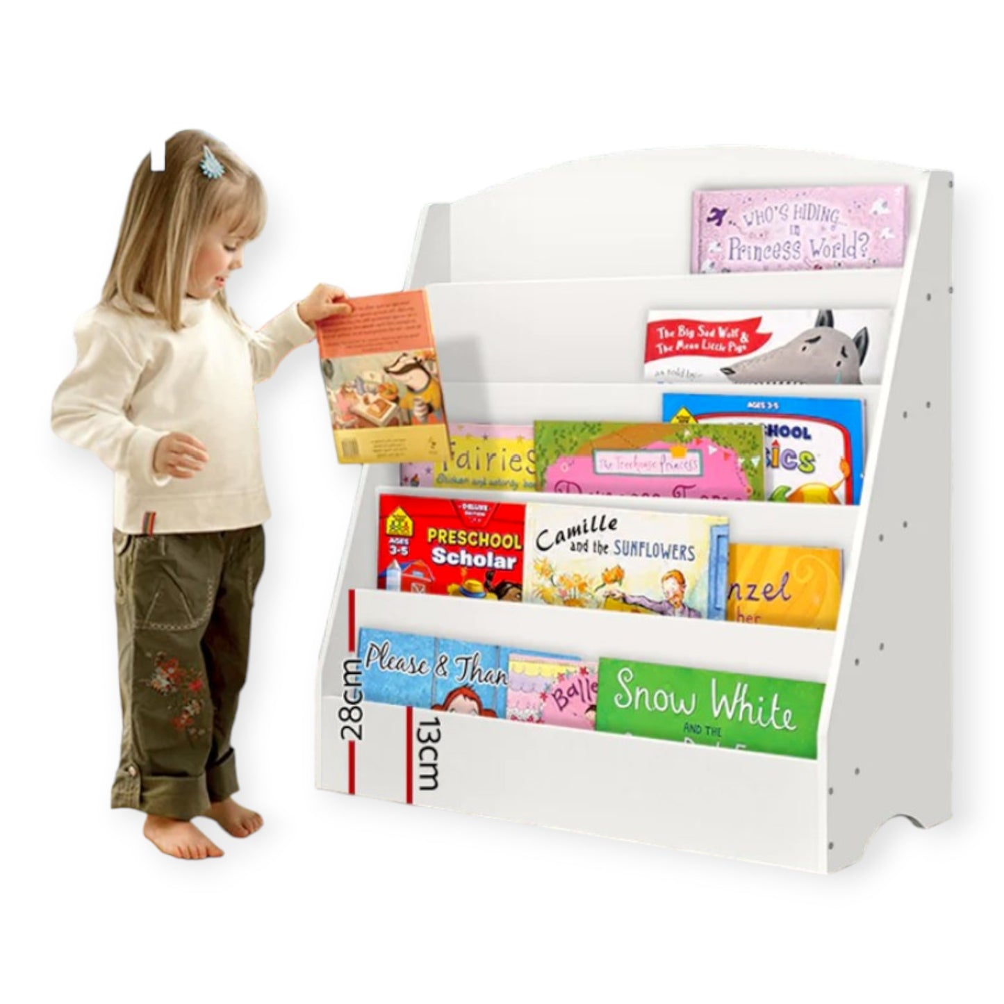 Детска Етажерка GINGER HOME, Органайзер с Рафтове за Книжки и Списания, Дървена, Бяла, 80х30х80 см.