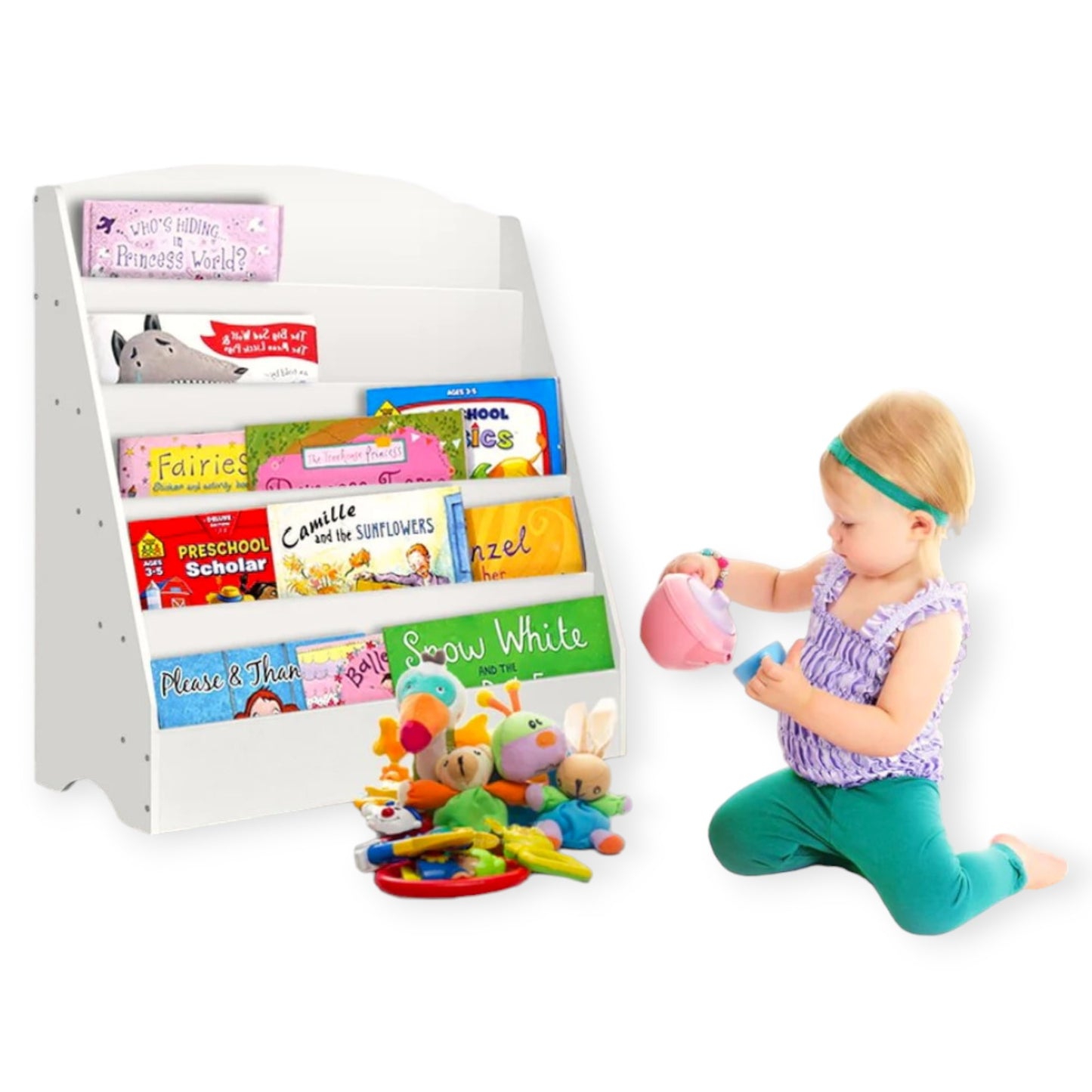 Детска Етажерка GINGER HOME, Органайзер с Рафтове за Книжки и Списания, Дървена, Бяла, 80х30х80 см.