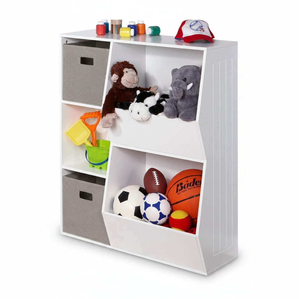 Детска Етажерка GINGER HOME, Органайзер за Книги и Играчки с 2 Текстилни Кутии, Бяла, 76.5×35×93 см