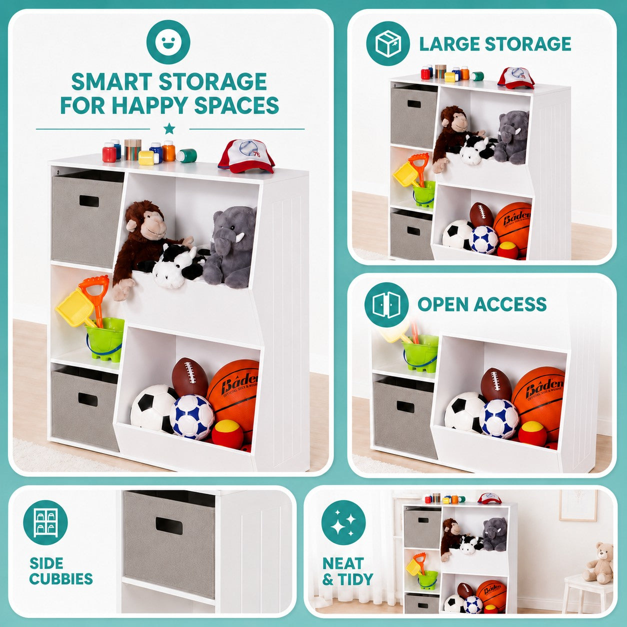 Детска Етажерка GINGER HOME, Органайзер за Книги и Играчки с 2 Текстилни Кутии, Бяла, 76.5×35×93 см