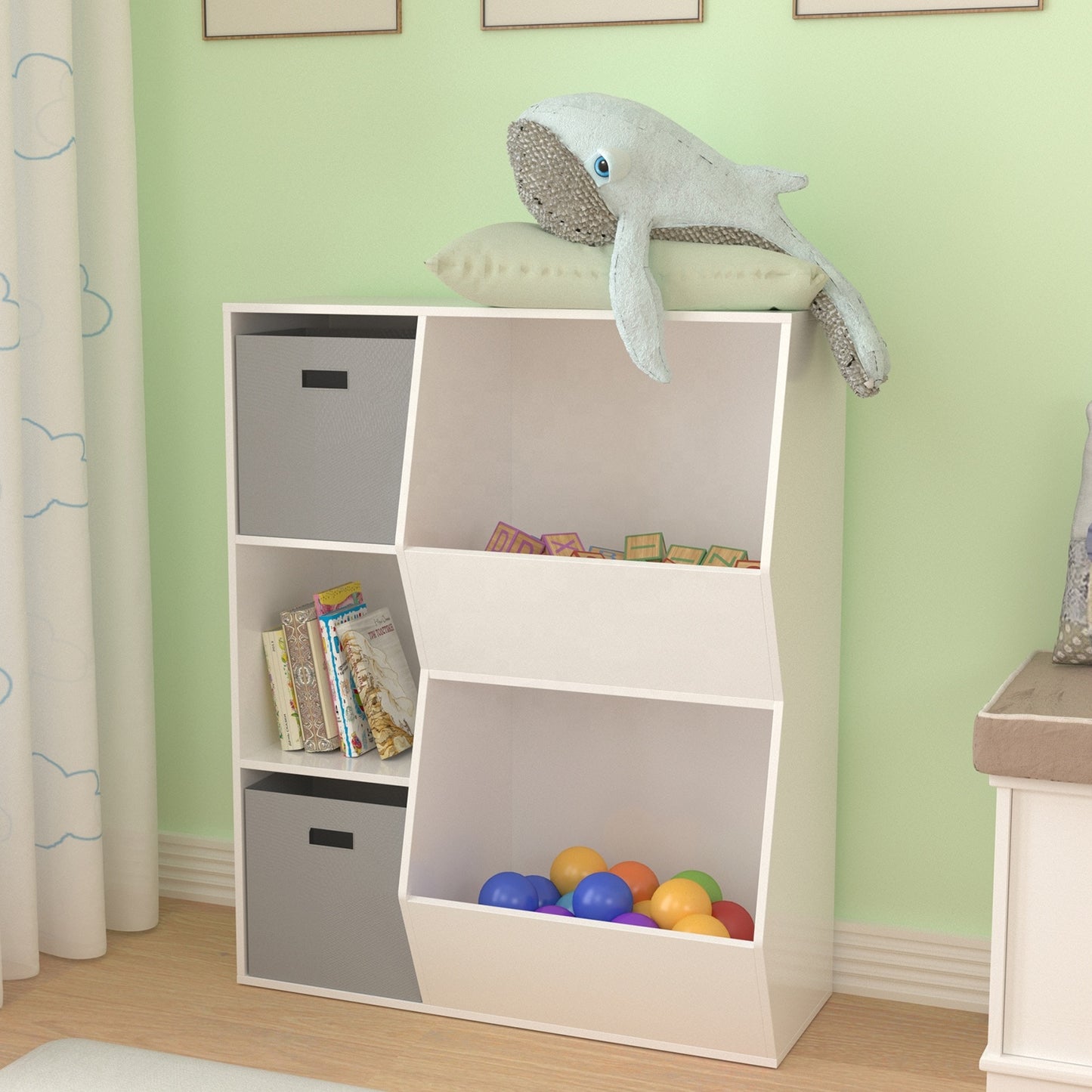 Детска Етажерка GINGER HOME, Органайзер за Книги и Играчки с 2 Текстилни Кутии, Бяла, 76.5×35×93 см