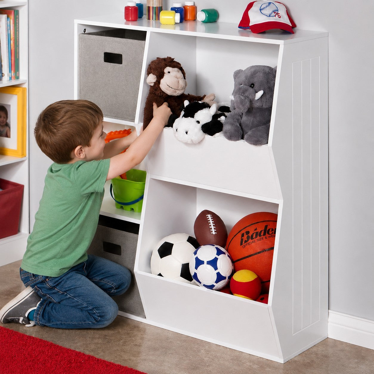 Детска Етажерка GINGER HOME, Органайзер за Книги и Играчки с 2 Текстилни Кутии, Бяла, 76.5×35×93 см