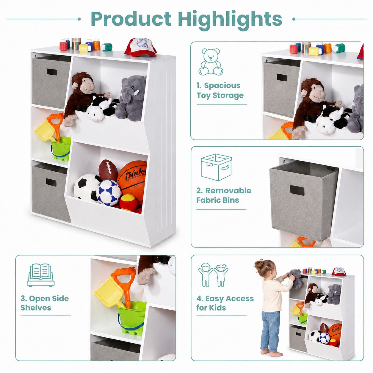 Детска Етажерка GINGER HOME, Органайзер за Книги и Играчки с 2 Текстилни Кутии, Бяла, 76.5×35×93 см