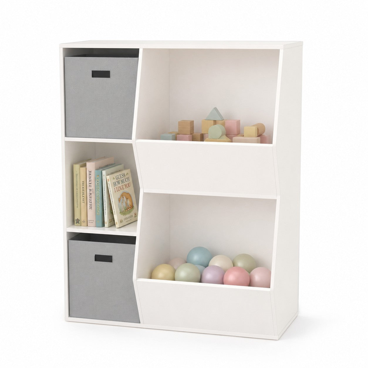 Детска Етажерка GINGER HOME, Органайзер за Книги и Играчки с 2 Текстилни Кутии, Бяла, 76.5×35×93 см