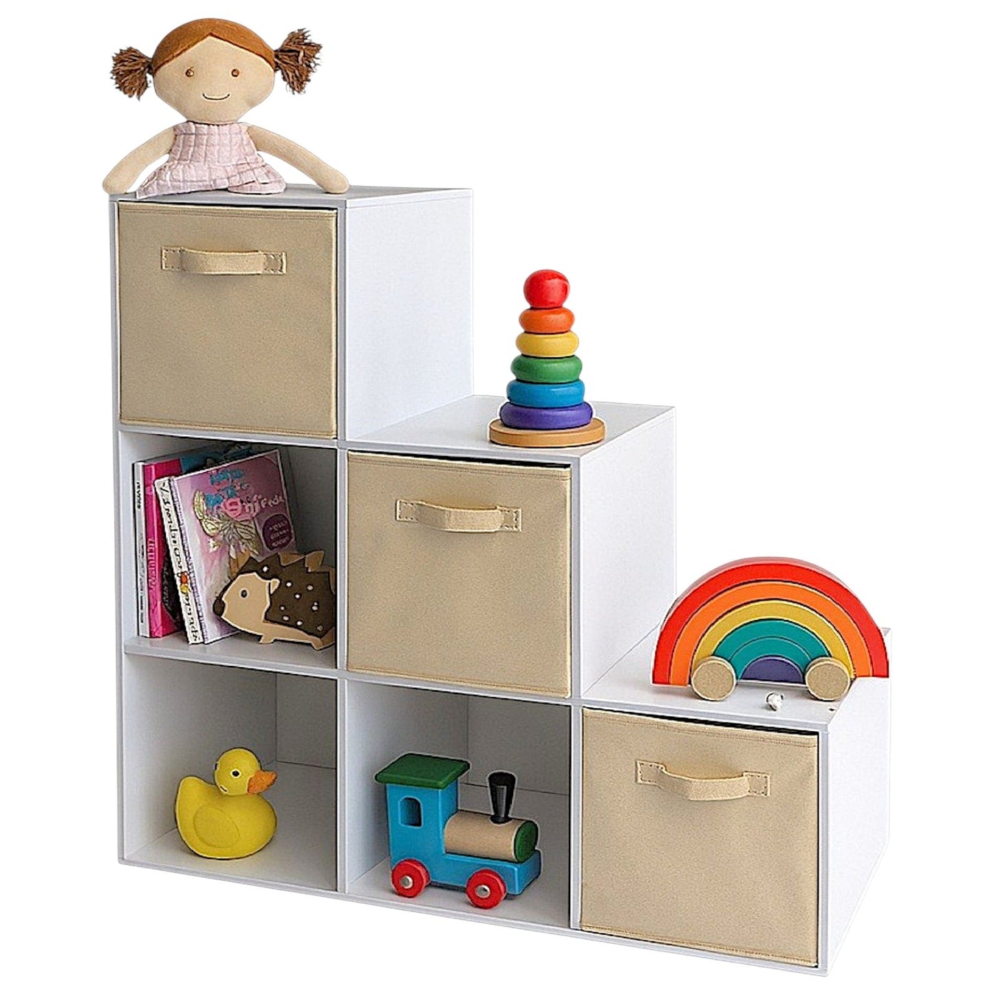 Libreria per bambini, organizer per giocattoli, GINGER HOME con 6 scomparti e contenitori tessili, bianco, mobili Montessori