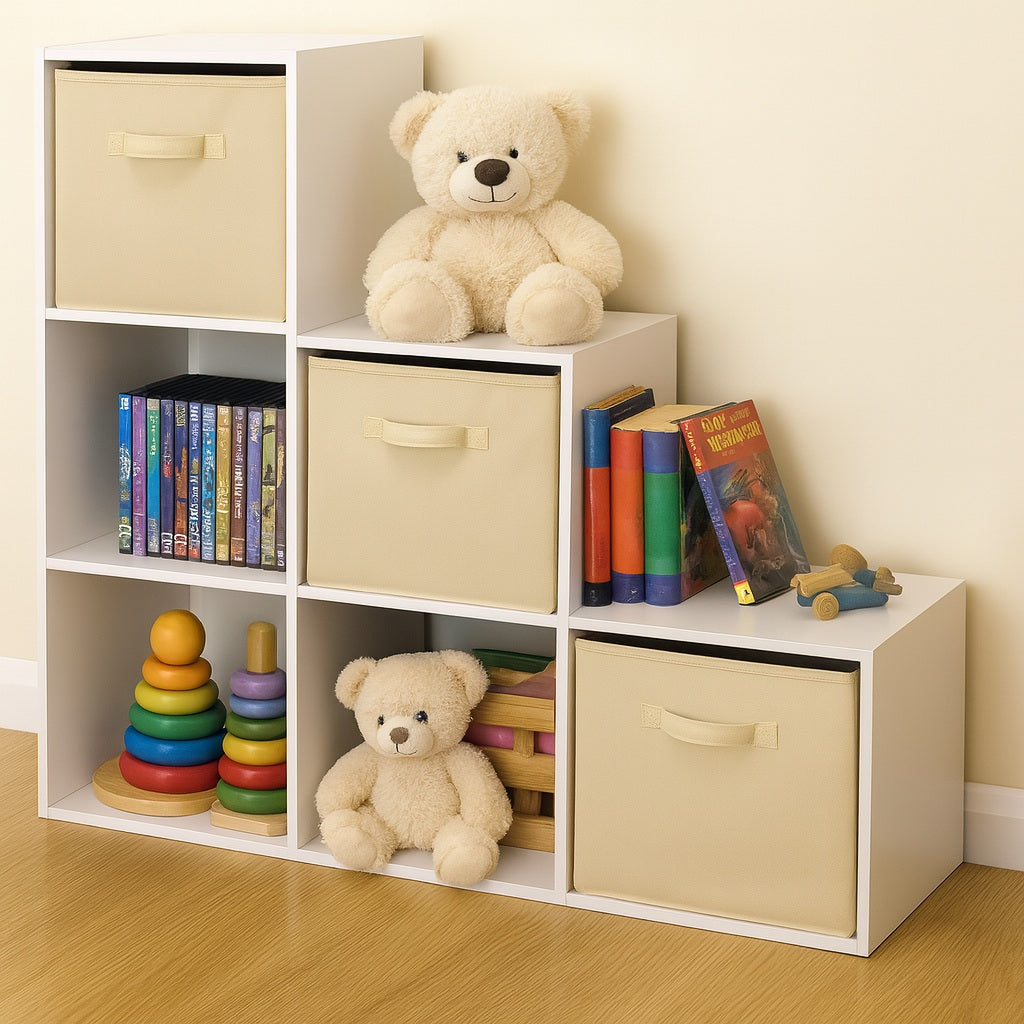 Libreria per bambini, organizer per giocattoli, GINGER HOME con 6 scomparti e contenitori tessili, bianco, mobili Montessori