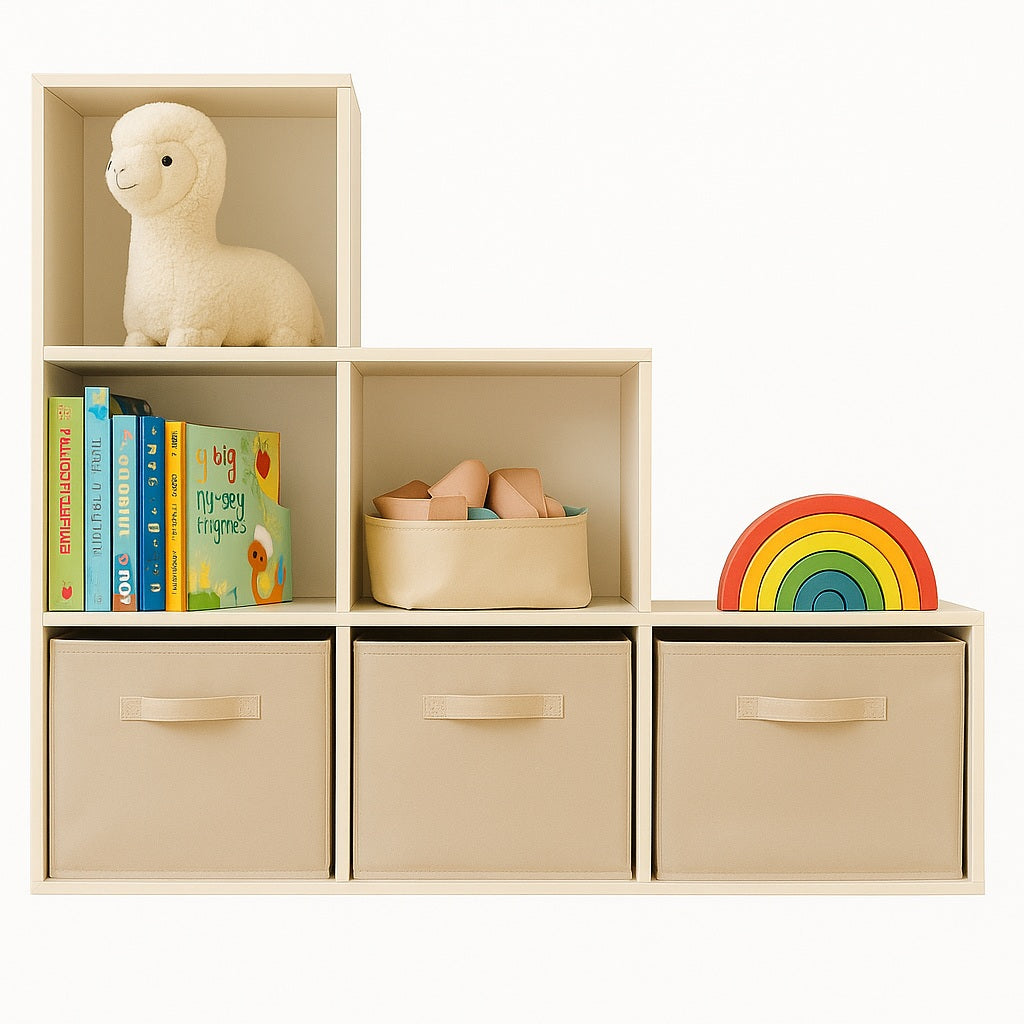 Libreria per bambini, organizer per giocattoli, GINGER HOME con 6 scomparti e contenitori tessili, bianco, mobili Montessori