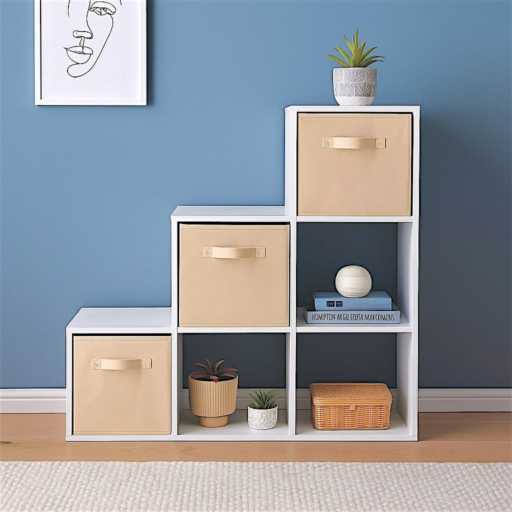 Libreria per bambini, organizer per giocattoli, GINGER HOME con 6 scomparti e contenitori tessili, bianco, mobili Montessori