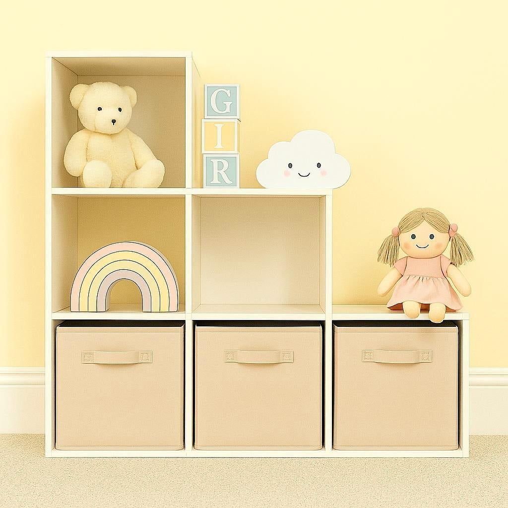 Libreria per bambini, organizer per giocattoli, GINGER HOME con 6 scomparti e contenitori tessili, bianco, mobili Montessori