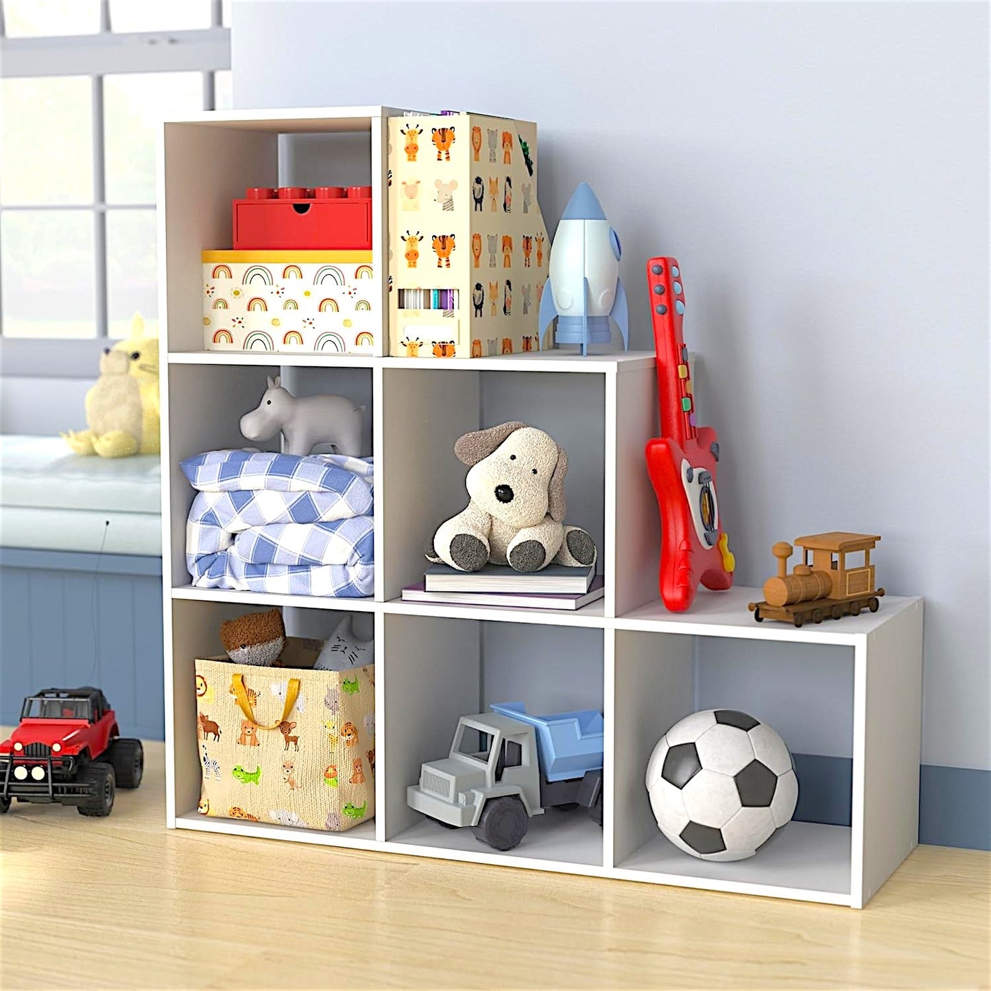 Libreria per bambini, organizer per giocattoli, GINGER HOME con 6 scomparti e contenitori tessili, bianco, mobili Montessori