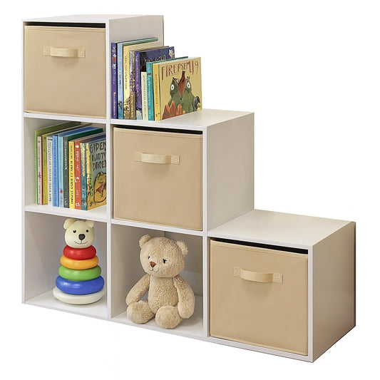Libreria per bambini, organizer per giocattoli, GINGER HOME con 6 scomparti e contenitori tessili, bianco, mobili Montessori