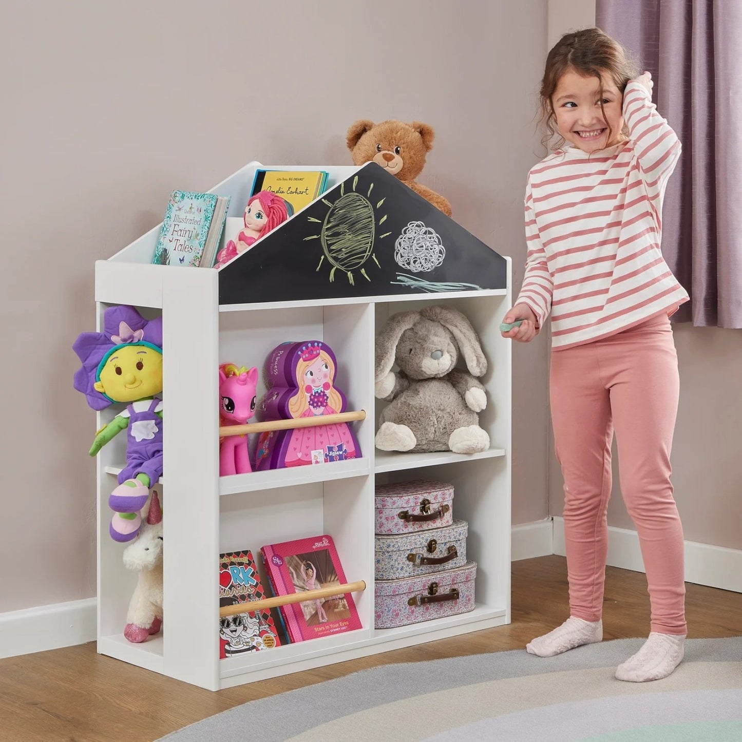 Libreria per bambini per giocattoli e libri GINGER HOME, Casetta con ripiani e tavolo da disegno, Montessori, Bianco, 72,5x40x95,8 cm