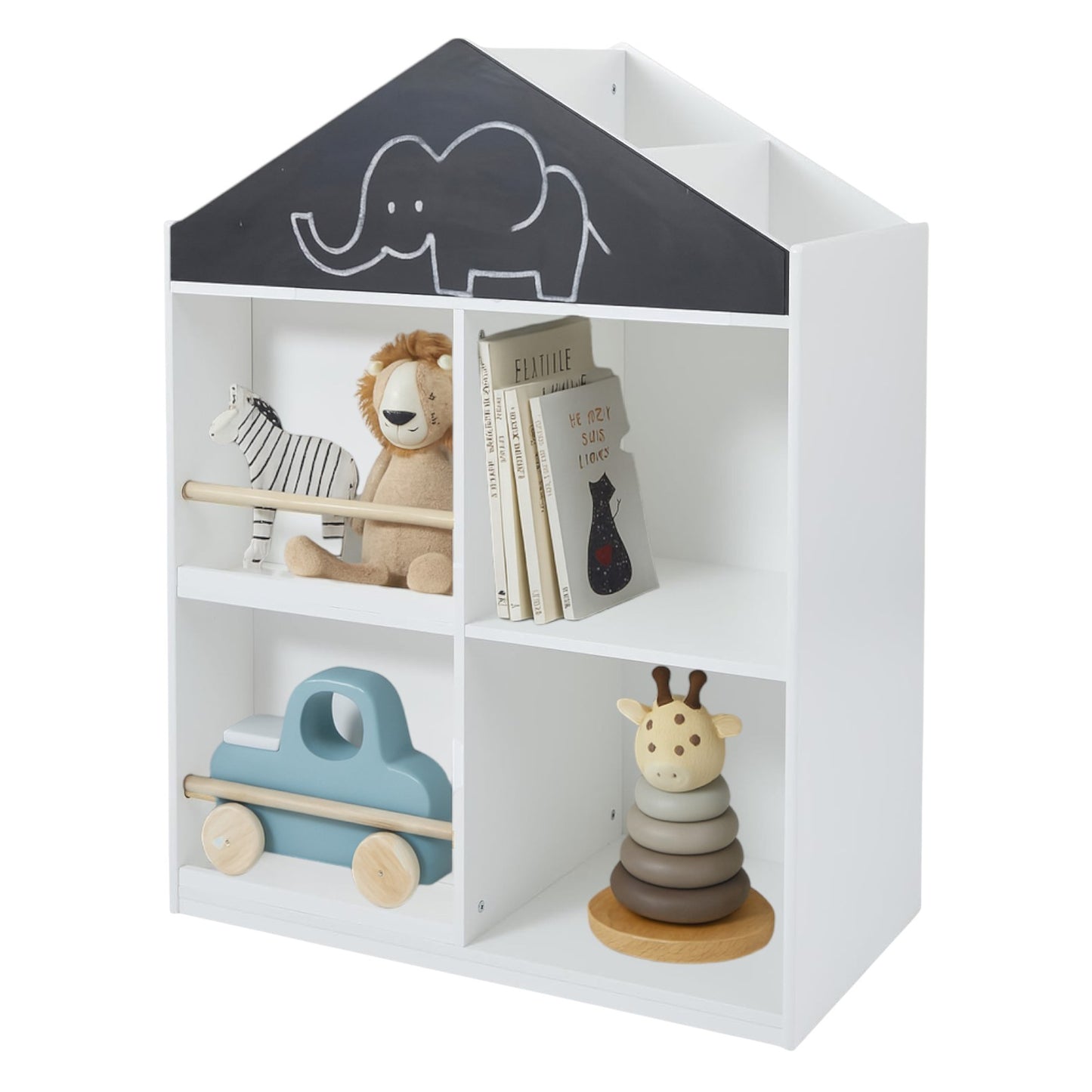 Libreria per bambini per giocattoli e libri GINGER HOME, Casetta con ripiani e tavolo da disegno, Montessori, Bianco, 72,5x40x95,8 cm