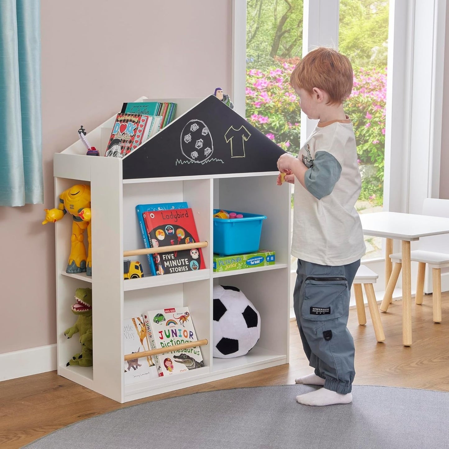 Libreria per bambini per giocattoli e libri GINGER HOME, Casetta con ripiani e tavolo da disegno, Montessori, Bianco, 72,5x40x95,8 cm