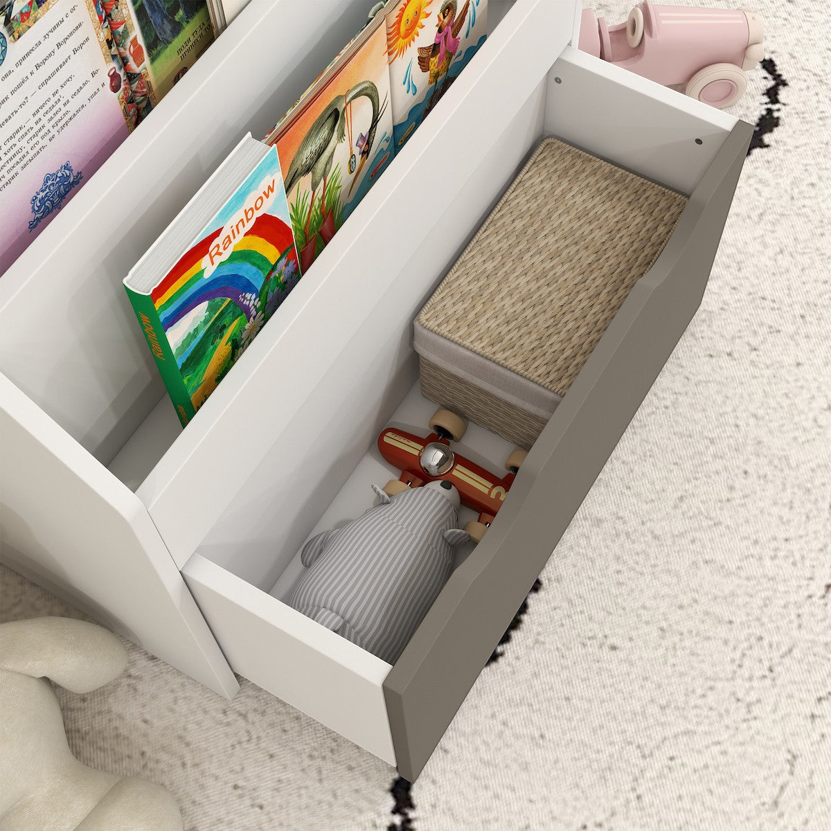 Детска Етажерка за Книги GINGER HOME, Бяла Библиотека с Чекмедже на Колелца, 63×30×70 см