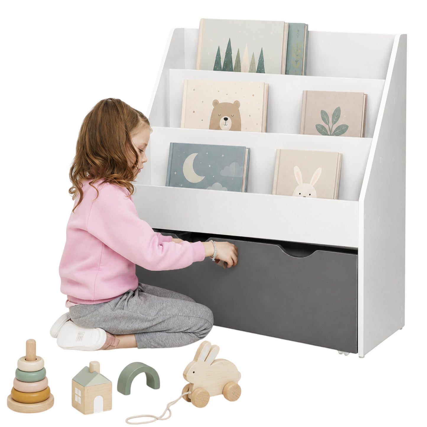 Детска Етажерка за Книги GINGER HOME, Бяла Библиотека с Чекмедже на Колелца, 63×30×70 см