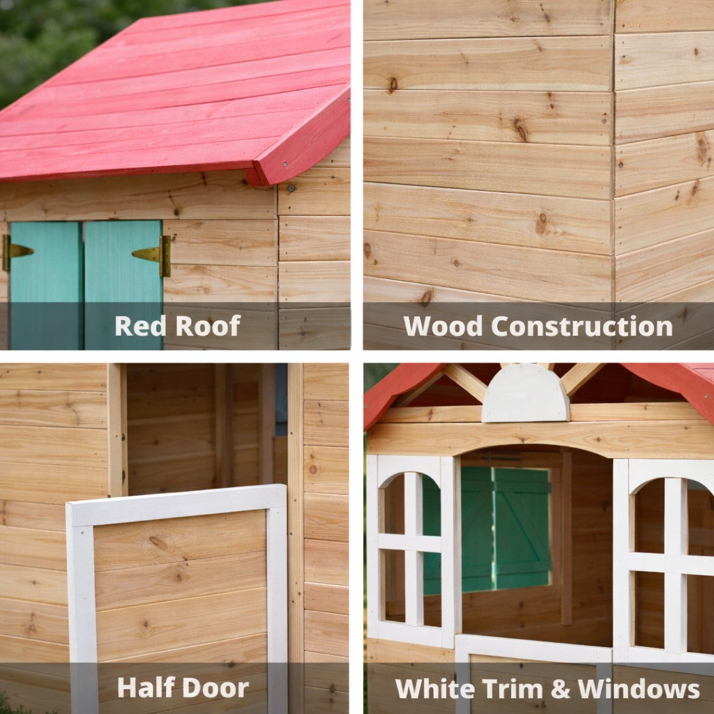 Детайли на детска дървена къщичка – прозорци и дървена конструкция