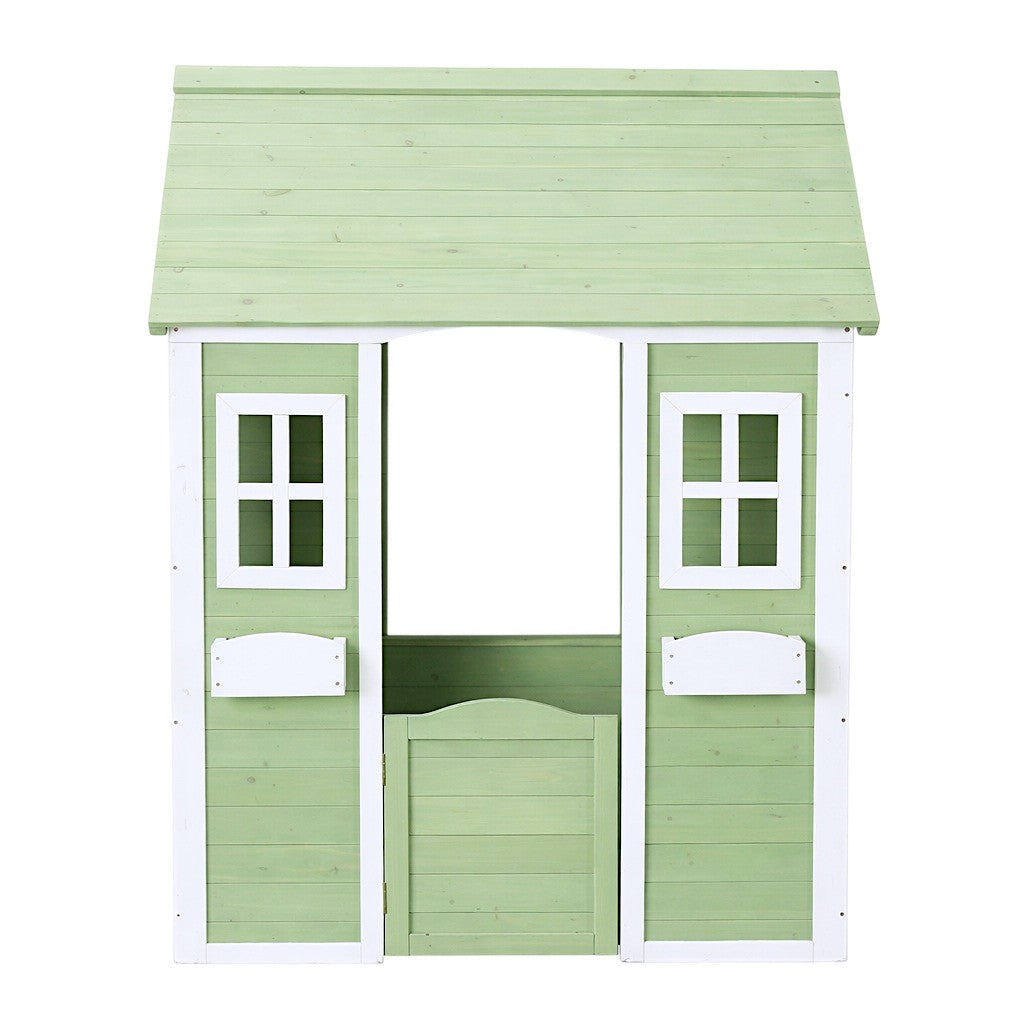 Детска къщичка за игра на открито от дърво – предна част с врата и прозорци