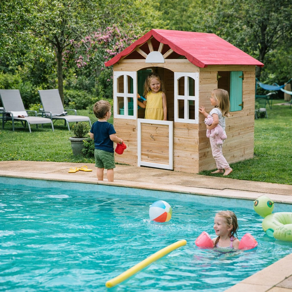 Детска дървена къщичка за игра в градината – реална среда