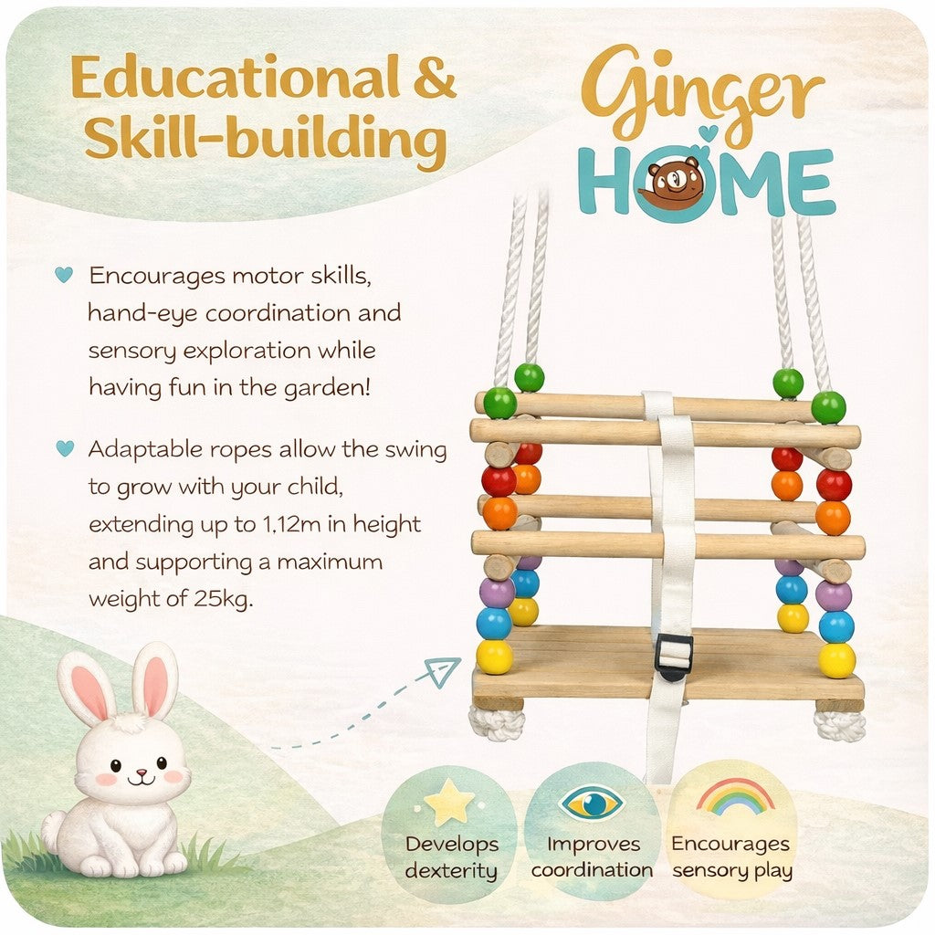 Инфографика за детска люлка GINGER HOME, показваща ползите за моторика и координация