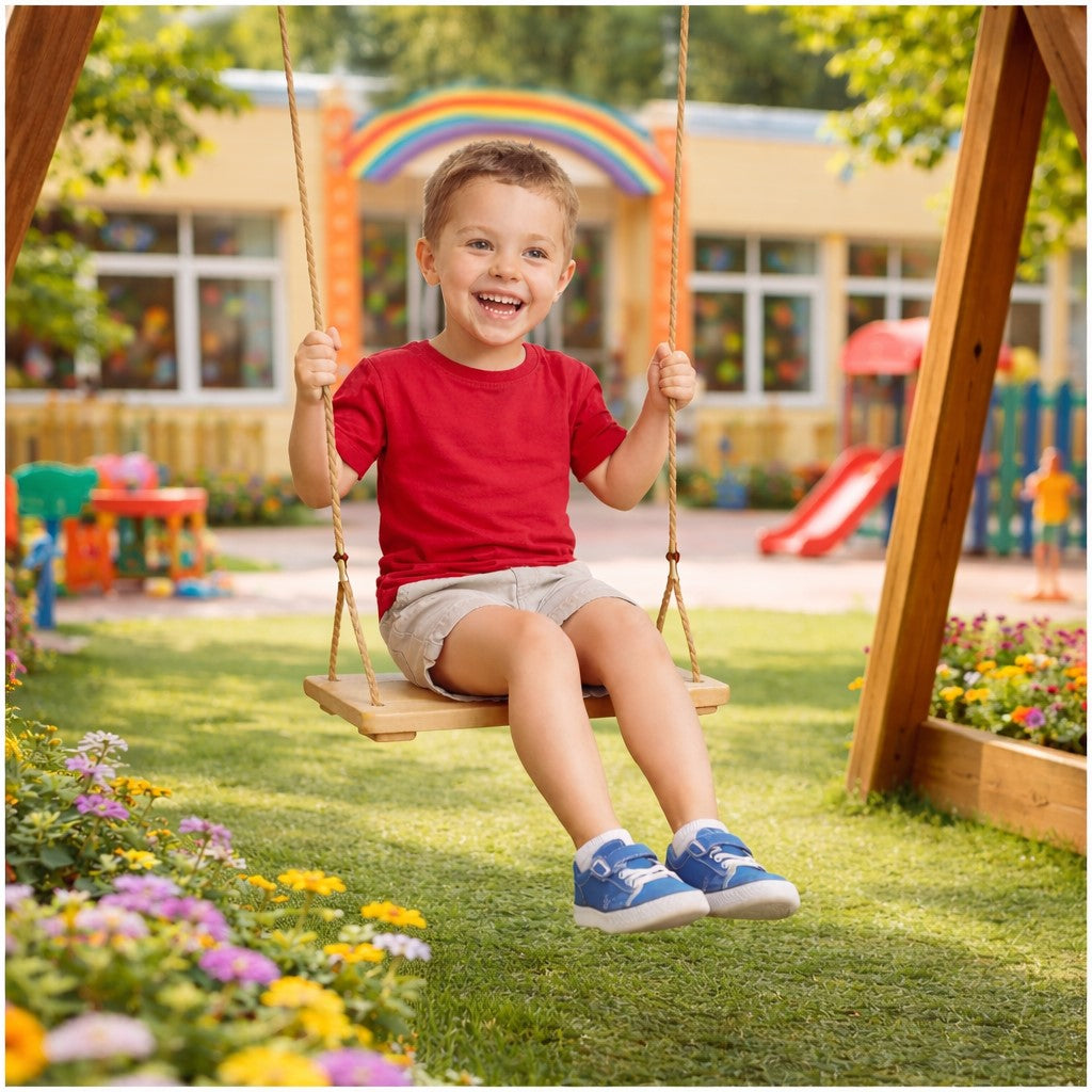 Детска дървена люлка в двор с дете, подходяща за активна игра навън