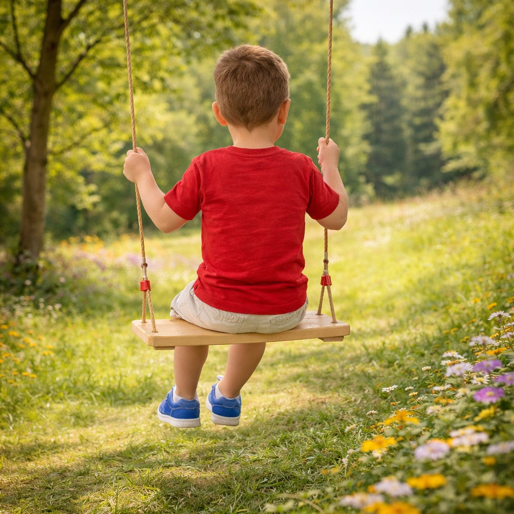 Задна гледка на дете на люлка от натурално дърво в градина