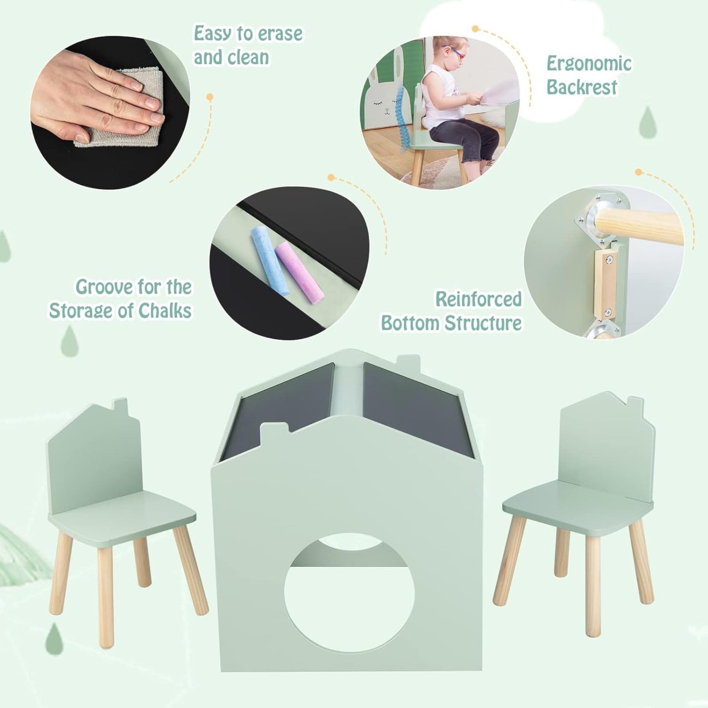 Детска Маса GINGER HOME с 2 Столчета - Мултиактивна Къщичка с Черна Дъска, Плот за Рисуване и Четене