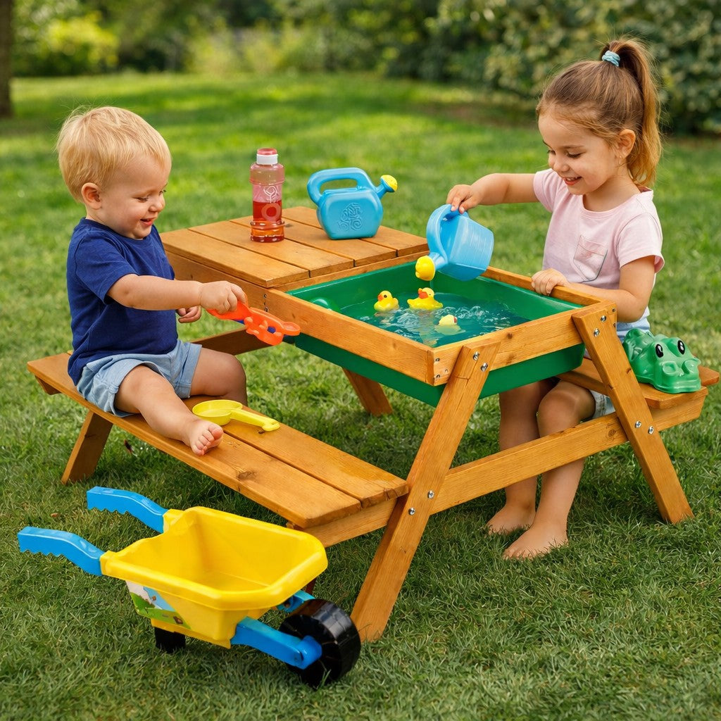 Деца играят на детска дървена маса с пейки и пясъчник