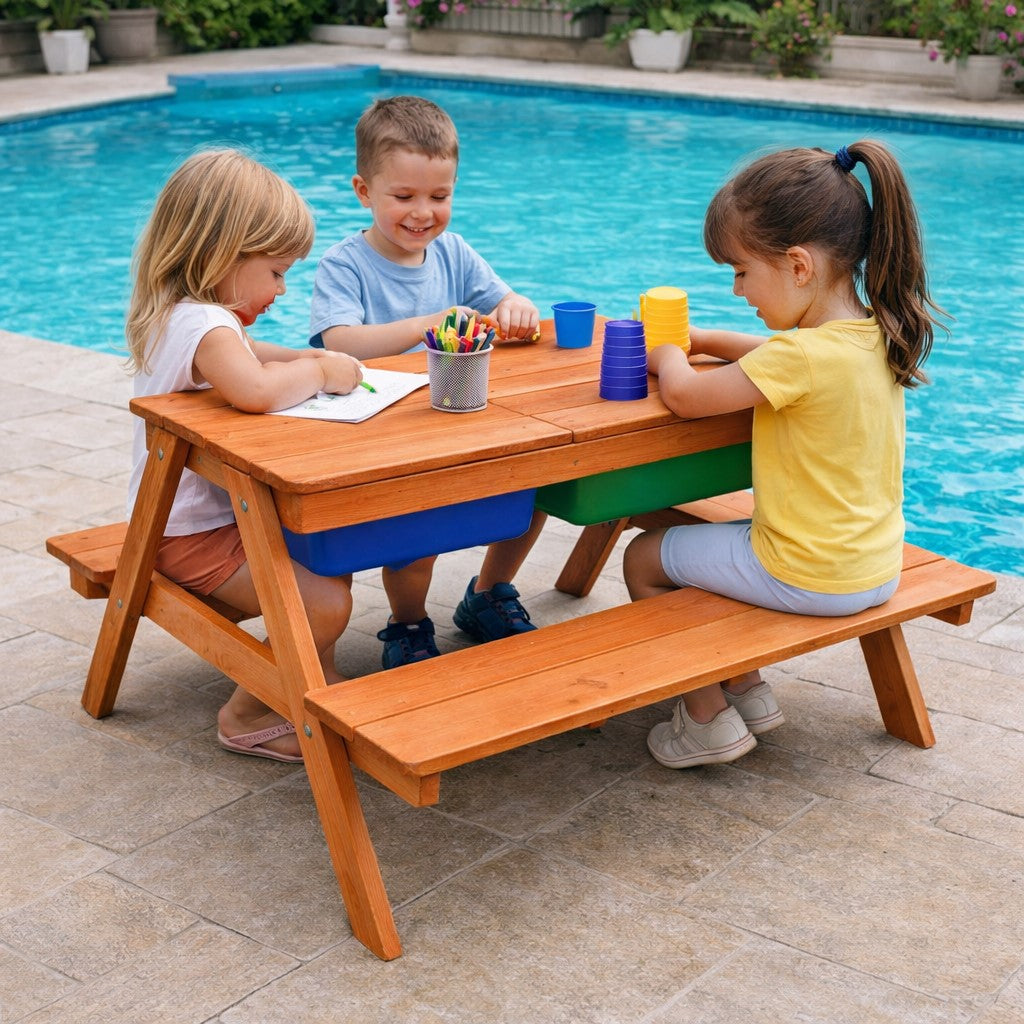 Детска маса с пейки и пясъчник за игра на открито от деца
