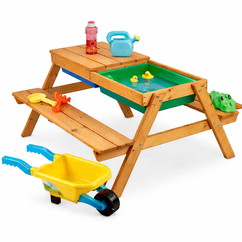Детска дървена маса с пейки и пясъчник с отворен плот и кутии за пясък