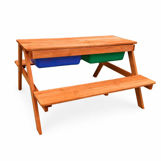 Детска маса с пейки и пясъчник с повдигащ се плот в затворено положение