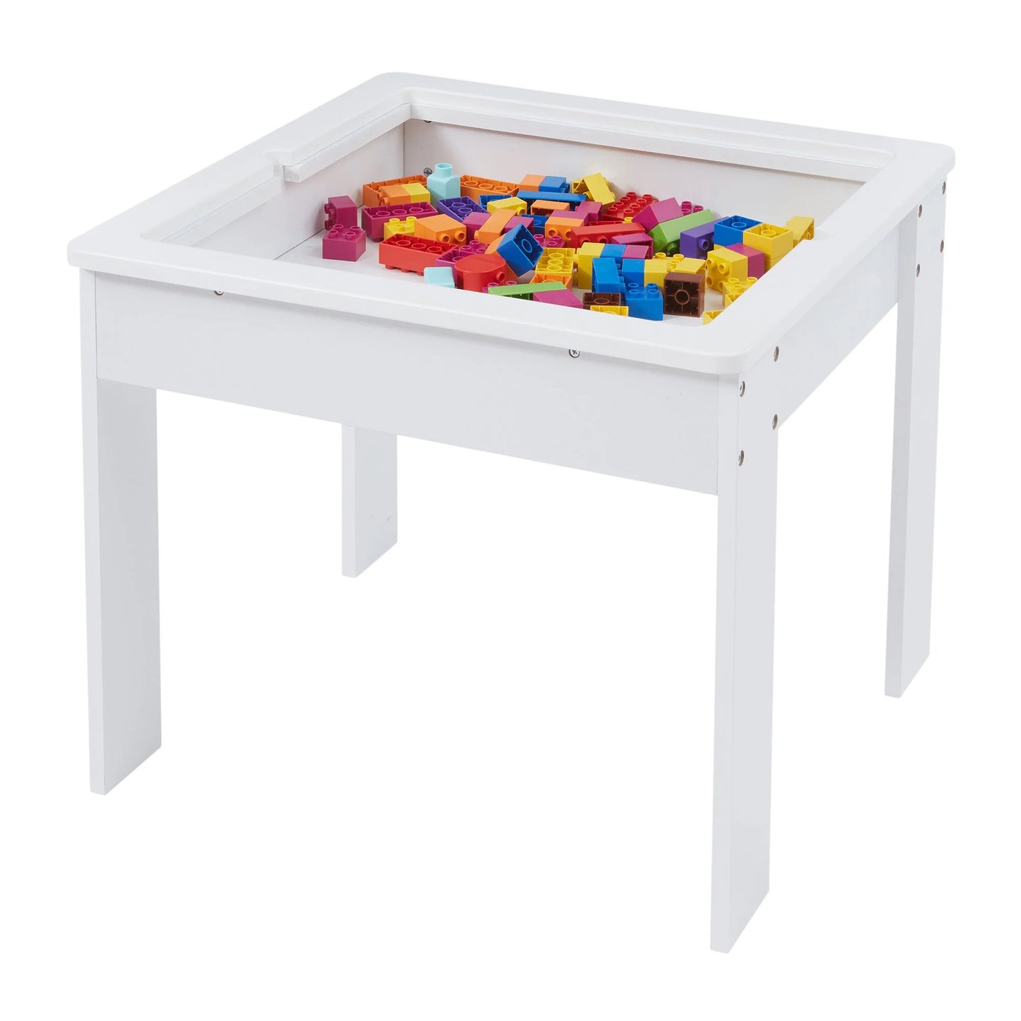 Tavolo per bambini con 2 sedie, bifacciale, set in legno per imparare, disegnare, scrivere, impilare i mattoncini LEGO - BIANCO/GRIGIO