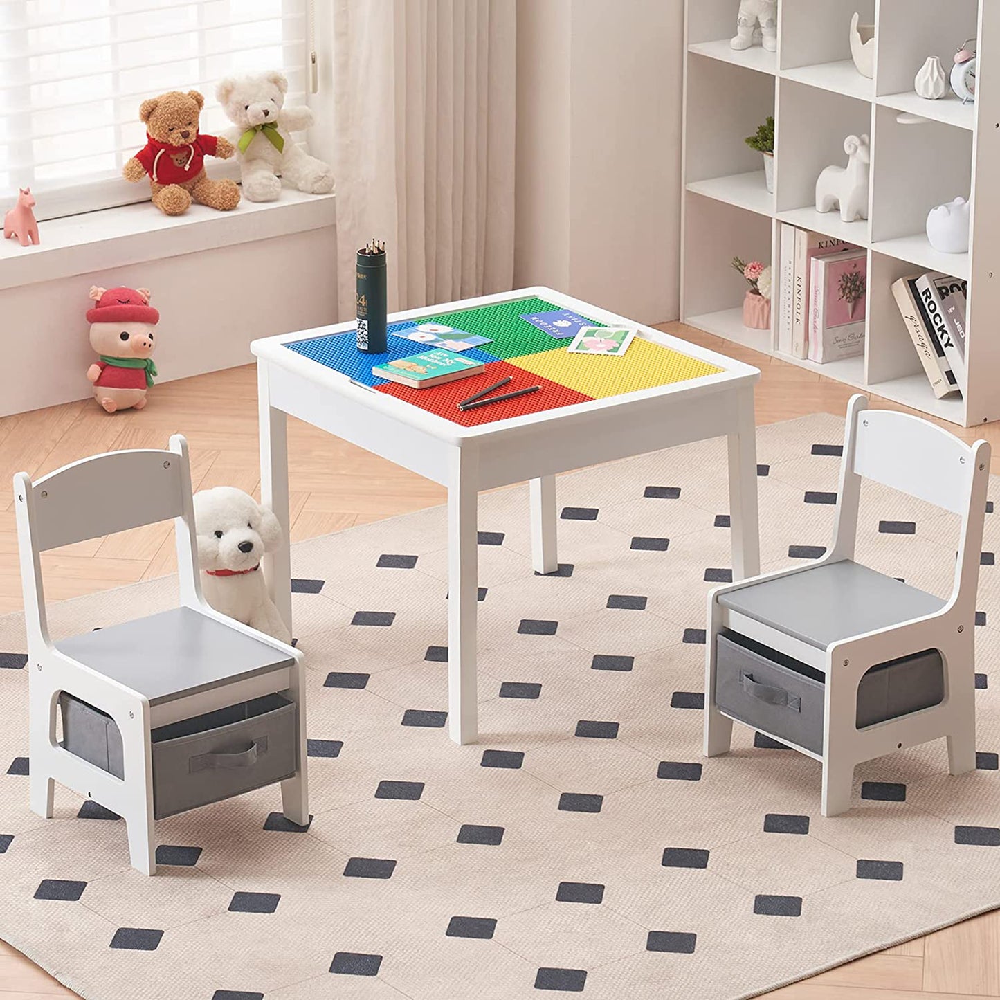 Tavolo per bambini con 2 sedie, bifacciale, set in legno per imparare, disegnare, scrivere, impilare i mattoncini LEGO - BIANCO/GRIGIO