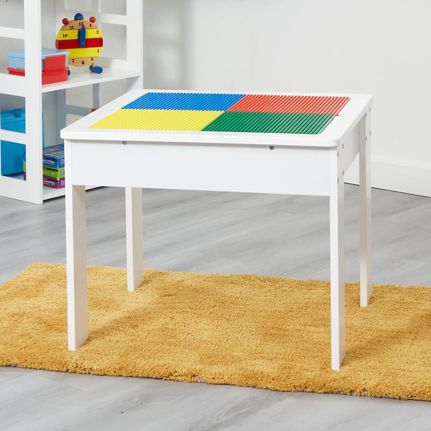 Tavolo per bambini con 2 sedie, bifacciale, set in legno per imparare, disegnare, scrivere, impilare i mattoncini LEGO - BIANCO/GRIGIO