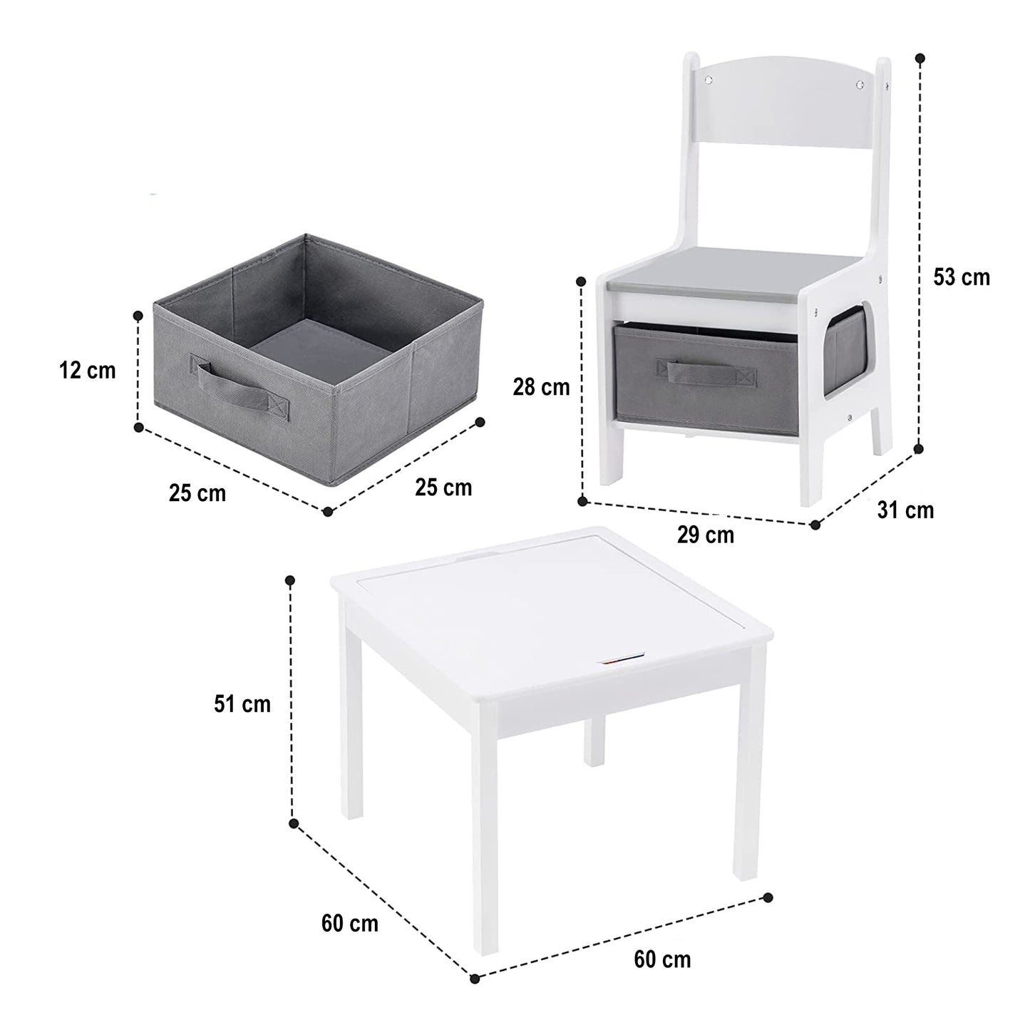 Tavolo per bambini con 2 sedie, bifacciale, set in legno per imparare, disegnare, scrivere, impilare i mattoncini LEGO - BIANCO/GRIGIO