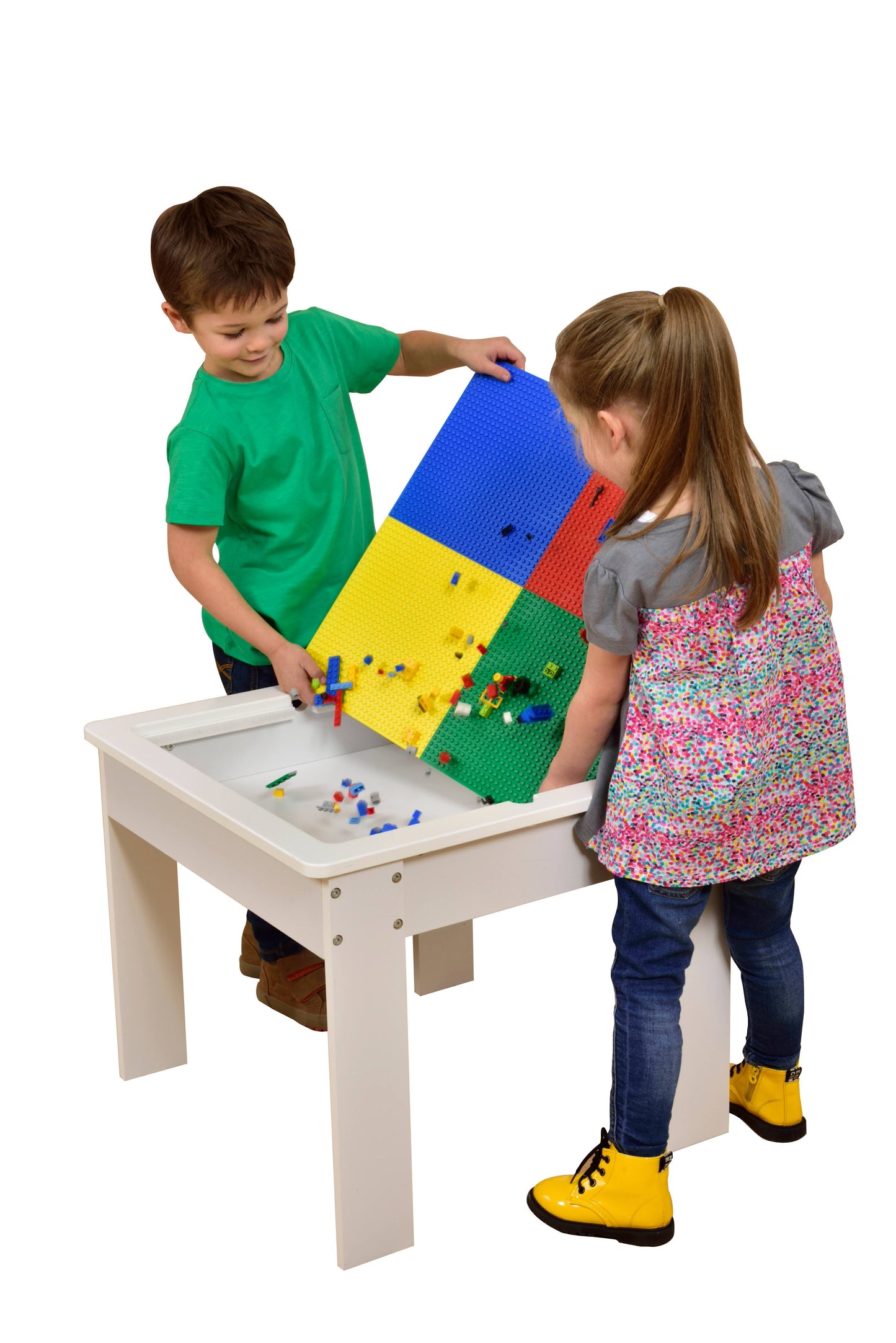 Tavolo per bambini con 2 sedie, bifacciale, set in legno per imparare, disegnare, scrivere, impilare i mattoncini LEGO - BIANCO/GRIGIO