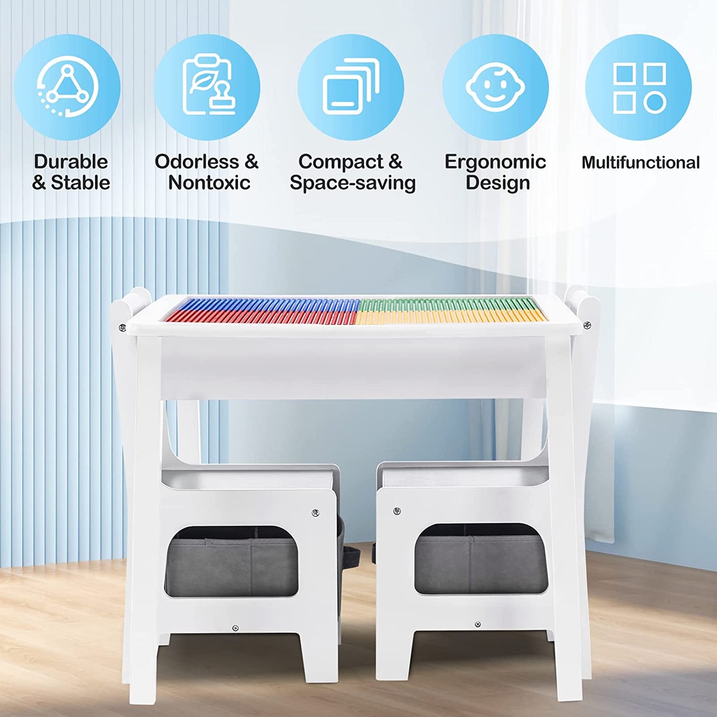 Tavolo per bambini con 2 sedie, bifacciale, set in legno per imparare, disegnare, scrivere, impilare i mattoncini LEGO - BIANCO/GRIGIO