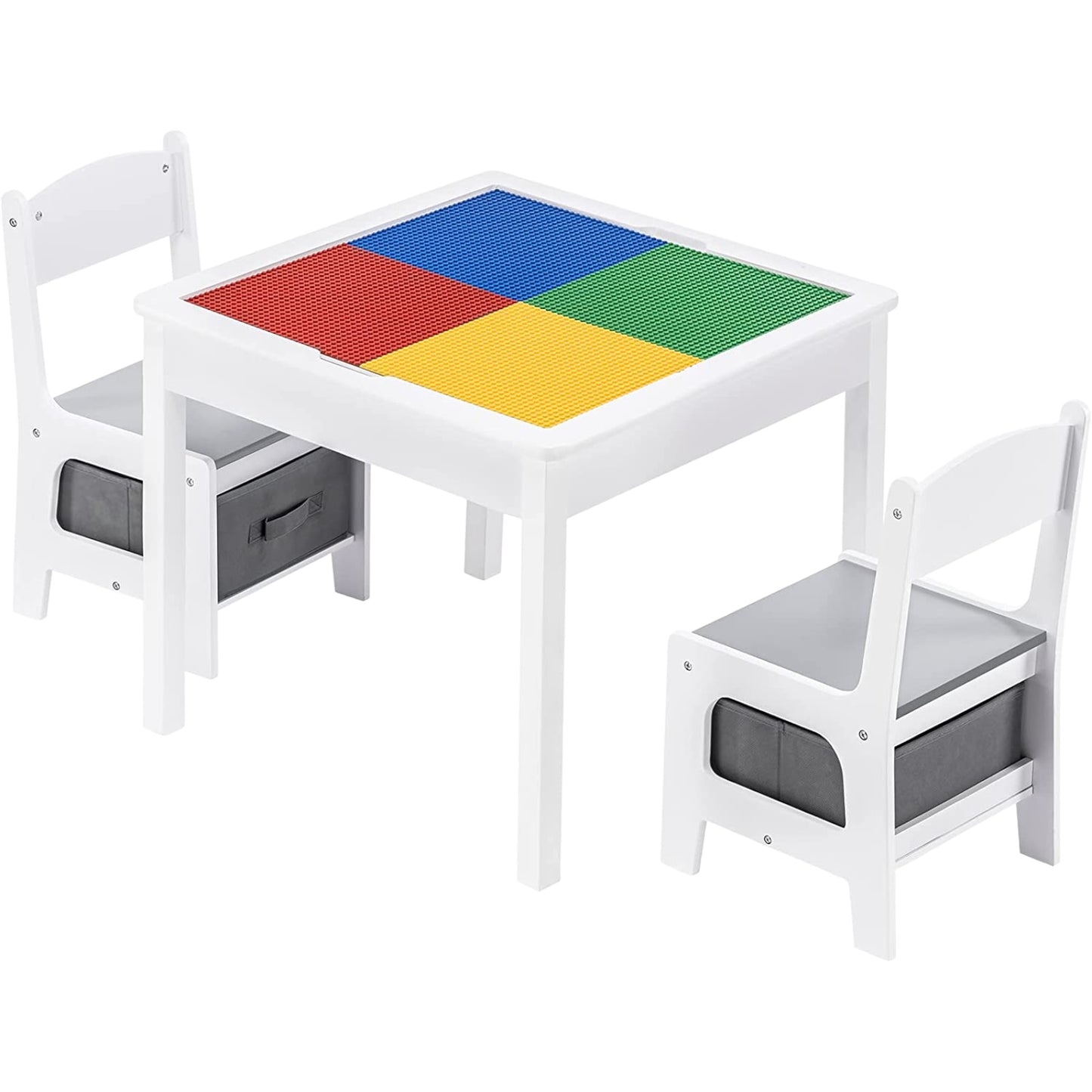 Tavolo per bambini con 2 sedie, bifacciale, set in legno per imparare, disegnare, scrivere, impilare i mattoncini LEGO - BIANCO/GRIGIO