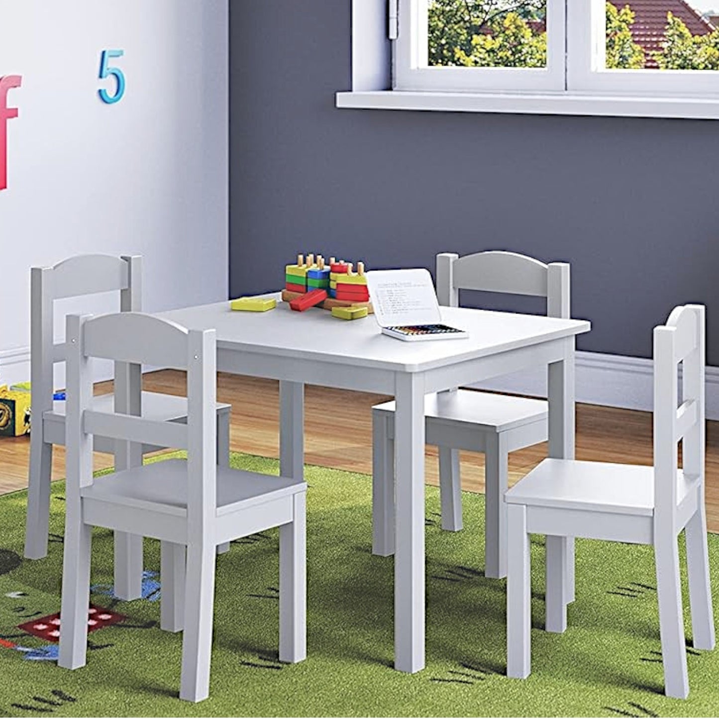 Детска Маса с 4 Столчета GINGER HOME, Дървен Комплект за Игра и Учение, Бял, 66x56x48 см