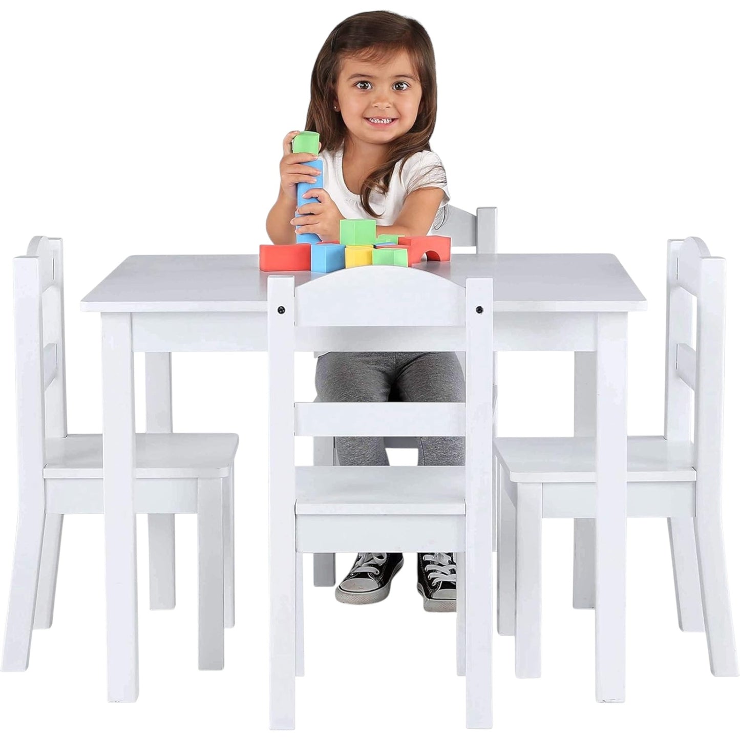 Детска Маса с 4 Столчета GINGER HOME, Дървен Комплект за Игра и Учение, Бял, 66x56x48 см