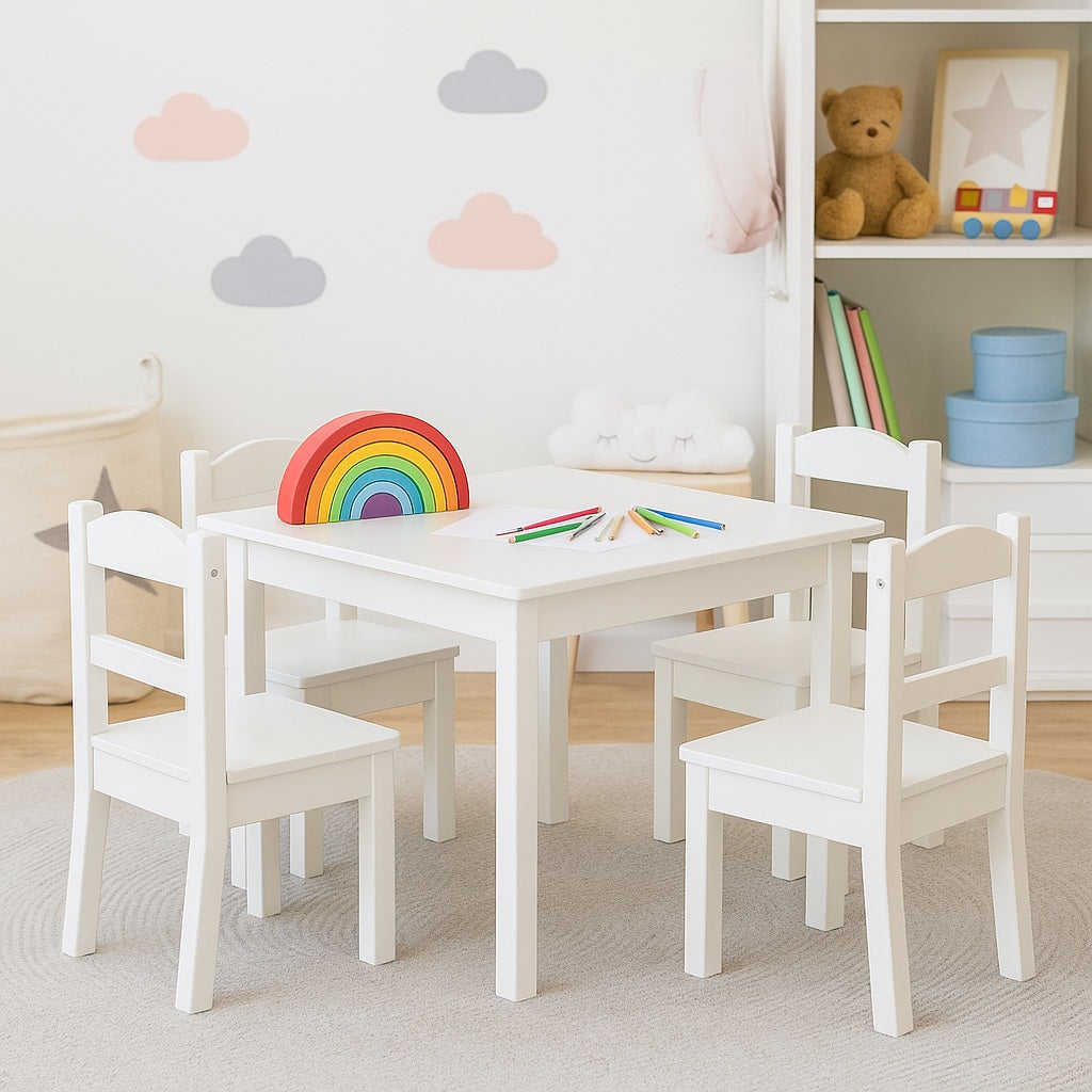 Детска Маса с 4 Столчета GINGER HOME, Дървен Комплект за Игра и Учение, Бял, 66x56x48 см