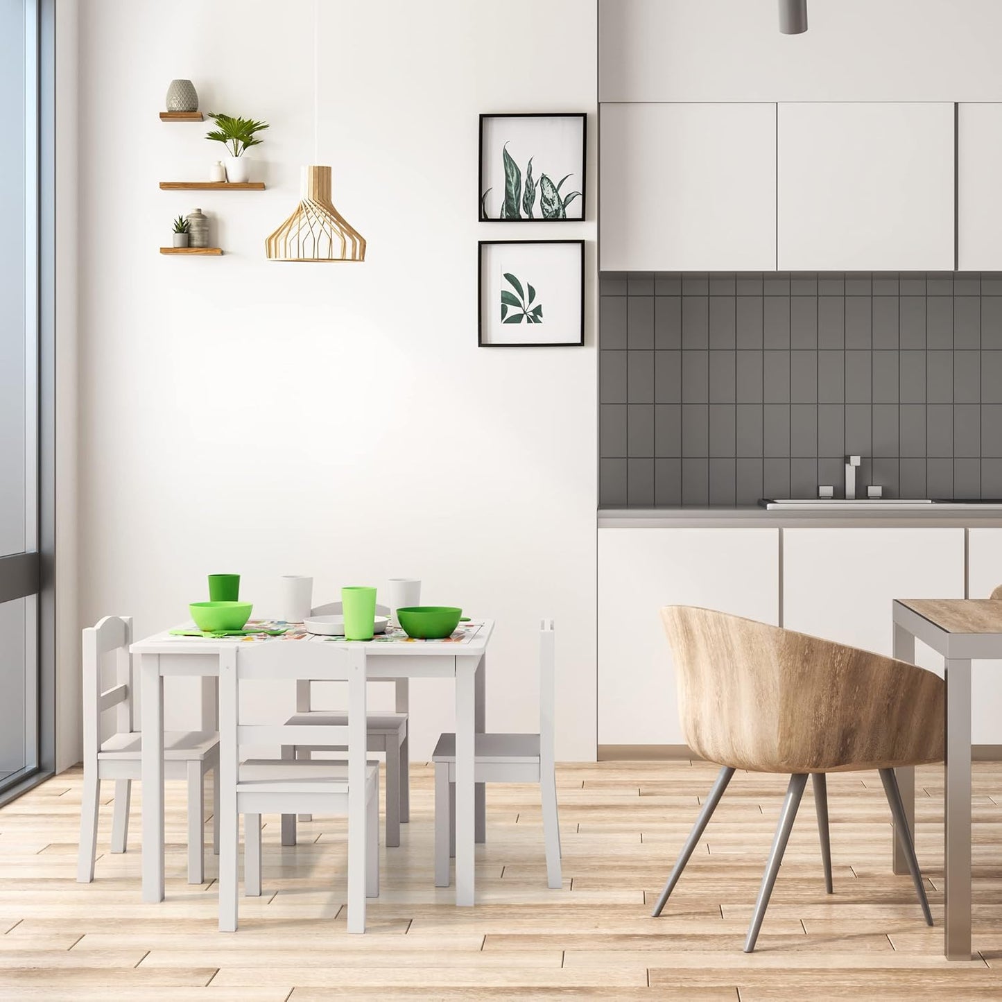 Детска Маса с 4 Столчета GINGER HOME, Дървен Комплект за Игра и Учение, Бял, 66x56x48 см