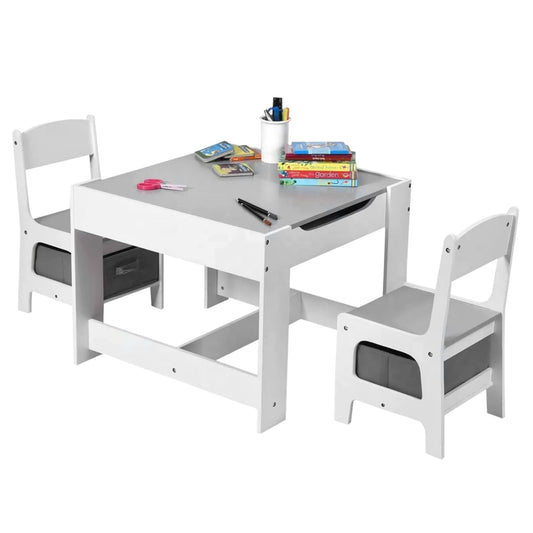 Children's wooden table with chairs, double-sided, 2 in 1 - for play and storage