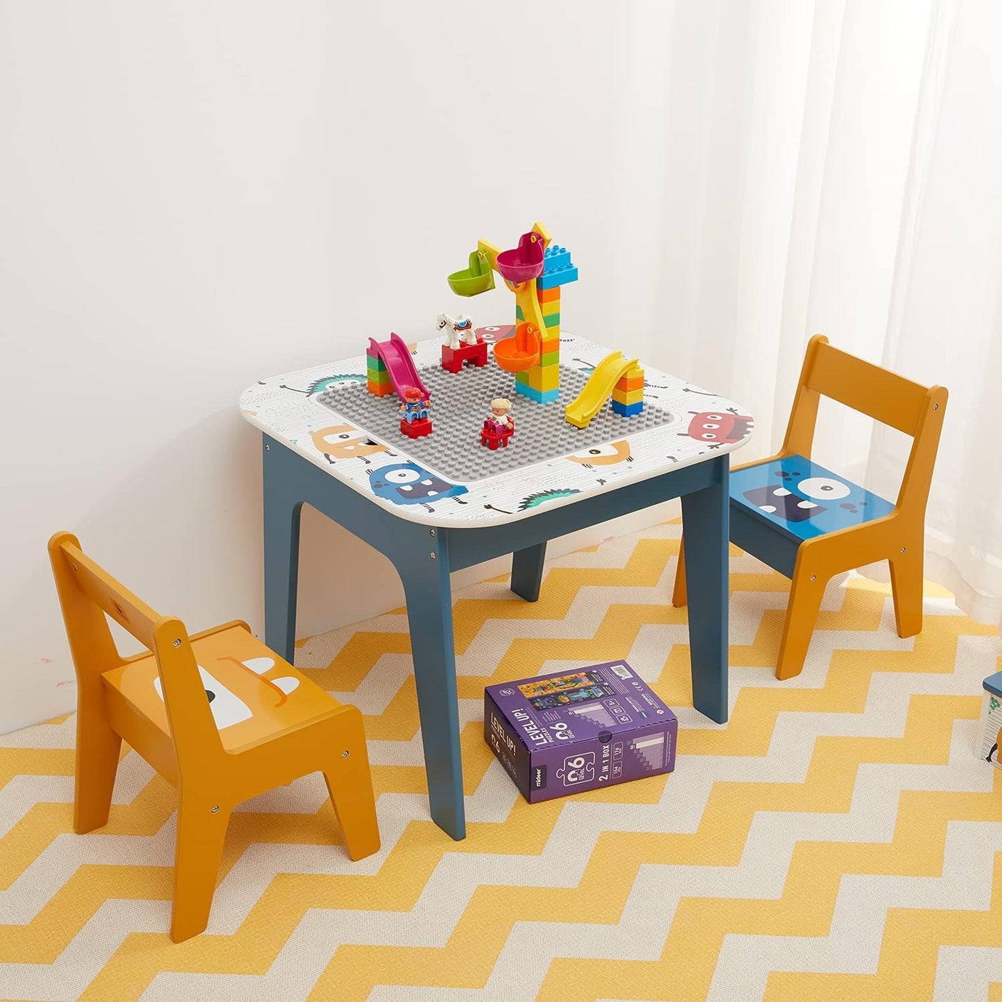 Tavolo per bambini con 2 sedie, bifacciale, per disegnare e impilare i mattoncini LEGO