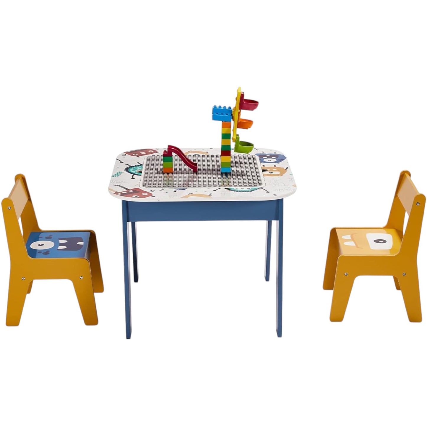 Tavolo per bambini con 2 sedie, bifacciale, per disegnare e impilare i mattoncini LEGO